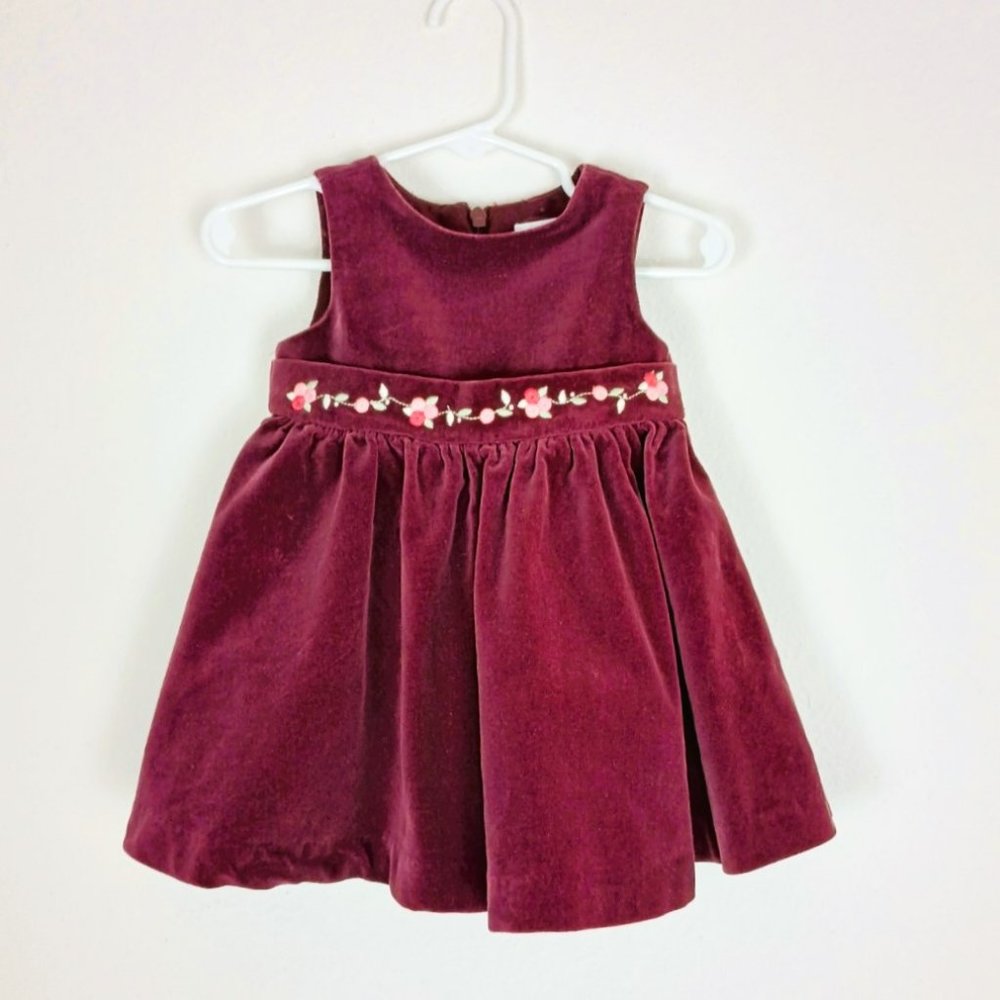 Gymboree Burgundy Velour Dress Size 3-6 M Embroidered Floral Waist Trim Lined